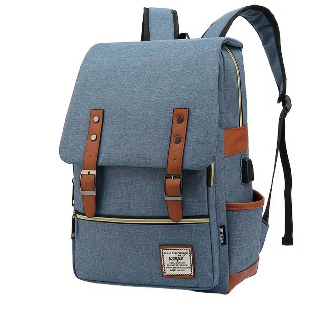 Stylish Blue Backpack with Brown Accents
